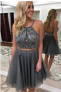 Grey Two Piece Backless Homecoming Dresses,Beaded Short Prom Dress