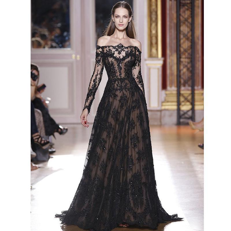 Romantic Long Sleeves Off the Shoulder Lace Appliques A Line Black Pro   Promfast