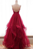 Promfast Sparkly Red Straps Ruffles Long Prom/Evening Dress with Open Back PFP1804
