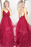 Red Spaghetti Straps A Line Sequins Prom Dresses, Backless Evening Dress