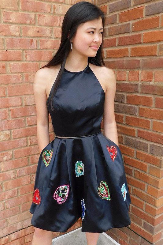 Two Piece Halter Backless Black Homecoming Dress with Pockets PFH0162 Promfast Two Piece Halter Backless Black Homecoming Dress with Pockets PFH0162 Promfast