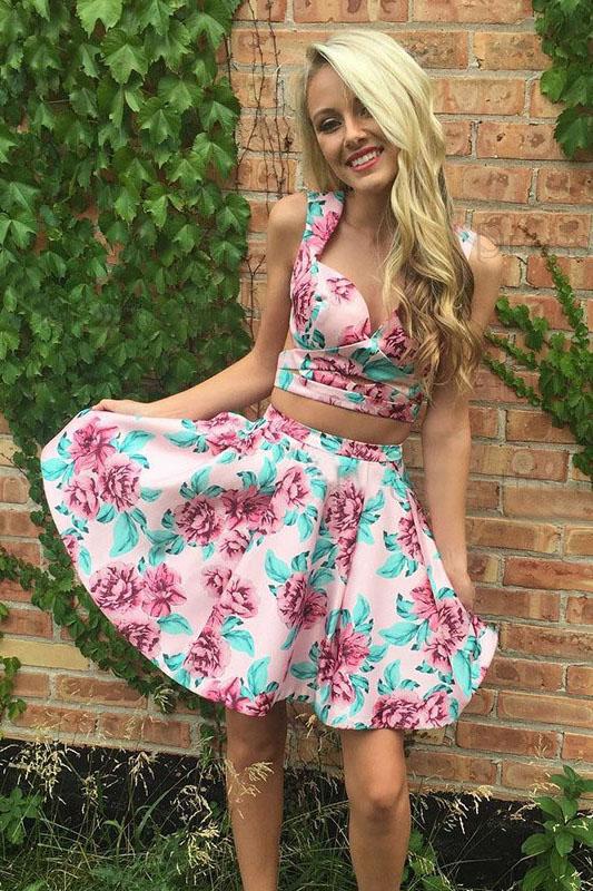 Two Piece Straps Floral Printed Cute Homecoming Dress PFH0163