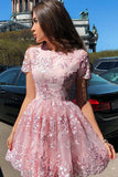 A-Line Short Sleeves Short Pink Homecoming Dress with Lace Appliques PFH0164