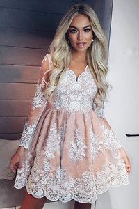 A-Line V-neck Long Sleeves Short Pink Homecoming Dress with Appliques PFH0165