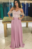 Cold Shoulder A-Line Spaghetti Straps Pink Long Chiffon Prom Dress with Lace PFP0048