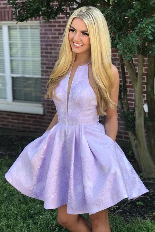A-Line Above-Knee Lilac Satin Printed Homecoming Dress with Pockets PFH0169