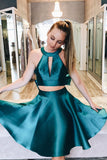 Simple Two Piece Short Dark Teal Satin A Line Homecoming Dress with Bow PFH0129