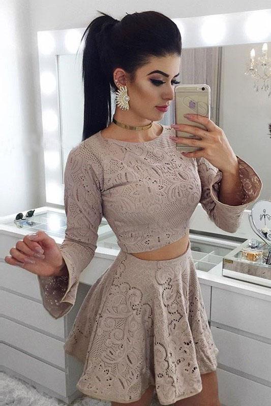 Two Piece A-Line Long Sleeves Lace Short Homecoming Dress PFH0170