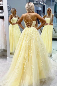 Promfast A-Line Round Neck Yellow Tulle Lace Prom Dresses Formal Dresses PFP1916