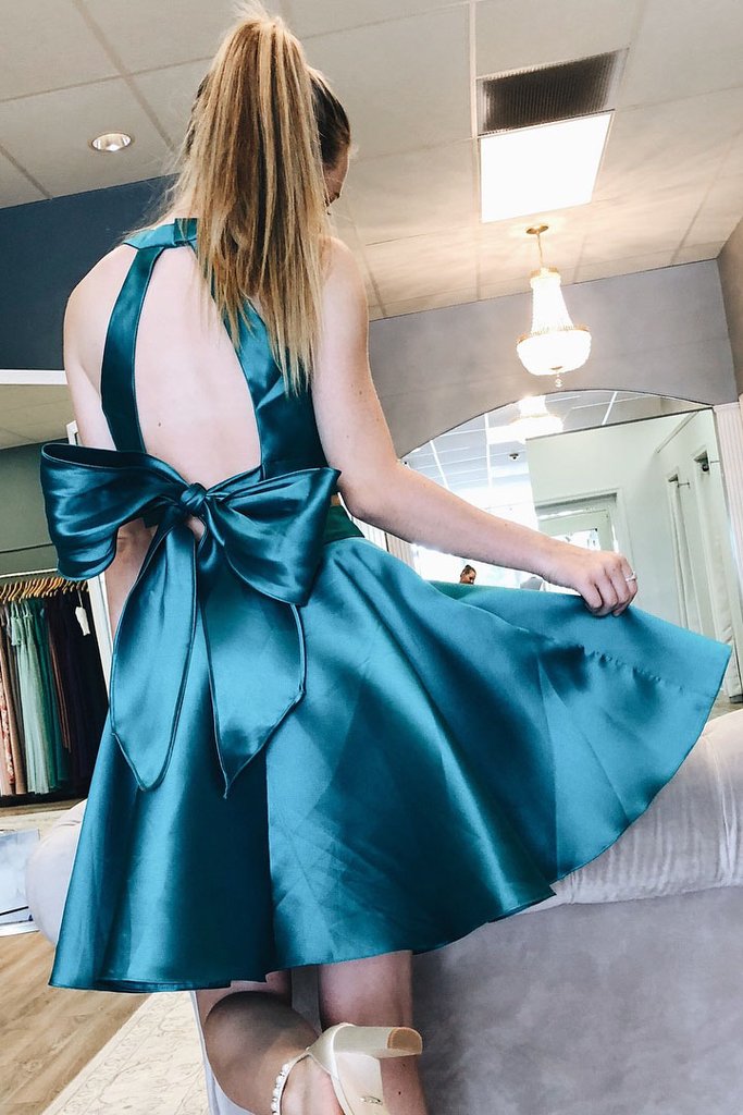 Simple Two Piece Short Dark Teal Satin A Line Homecoming Dress with Bo Promfast Simple Two Piece Short Dark Teal Satin A Line Homecoming Dress with Bo Promfast