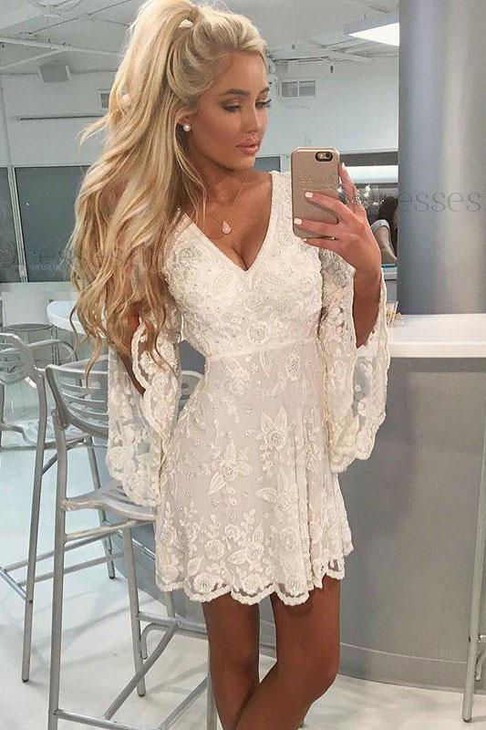 A-Line V-neck Open Back Bell Sleeves Short White Lace Homecoming Dress PFH0176