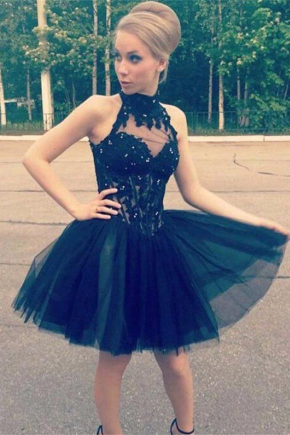 Cheap Lace Tulle High Neck Black Homecoming Dress, Short Prom Dresses