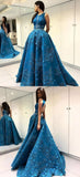 Unique Applique Formal A Line Blue Long Cheap Prom Dresses PFP0049