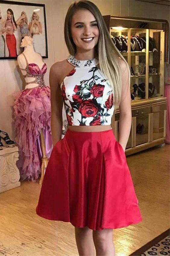 Two Pieces Red Floral Homecoming Dresses With Pockets PFH0183