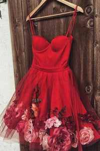 Burgundy Tulle Short Prom Dress, Spaghetti Straps Homecoming Dress With Flowers PFH0184