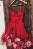 Burgundy Tulle Short Prom Dress, Spaghetti Straps Homecoming Dress With Flowers PFH0184