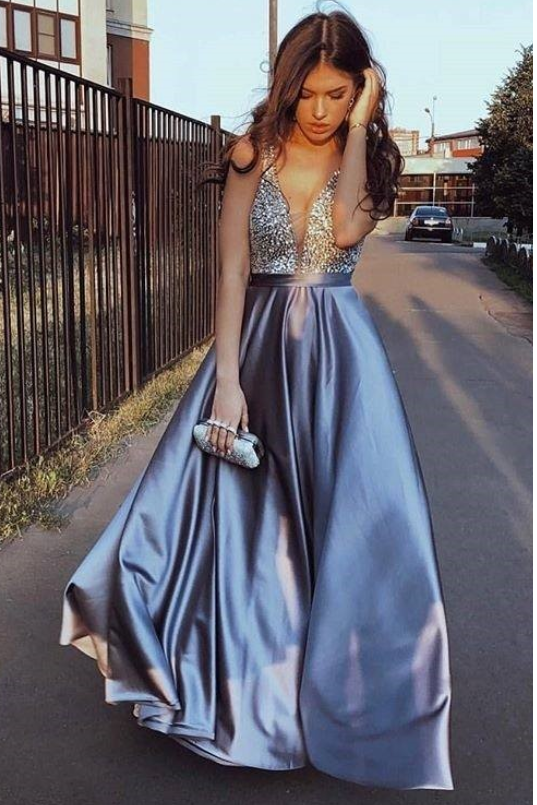 Sexy Blue V-Neck Beaded A Line Prom Dress Formal Evening Dress PFP0050