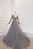 A Line Long Sleeves V Neck Grey Beading Prom Dresses PFP1764