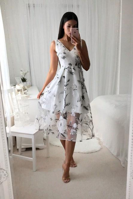 A-Line V-Neck Printed Tea Length Prom Dress with Pleats PFH0186