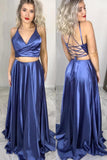 Two Piece Lace Up Blue Long Prom Dress with Slit PFP1458