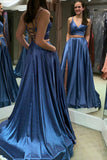 Two Piece Lace Up Blue Long Prom Dress with Slit PFP1458