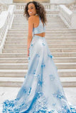 Two Piece Flowers Appliques Light Sky Blue Prom Dress PFP1460