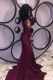 Mermaid Long Burgundy Long Sleeves Prom Dress with Appliques PFP0051