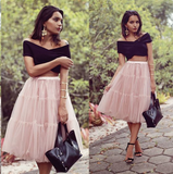 Two Piece Black And Pink Cheap Short A Line Tulle Homecoming Dress PFH0131