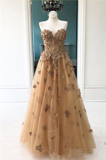 Elegant A-Line Sweetheart Appliqued Brown Prom Dress PFP1463