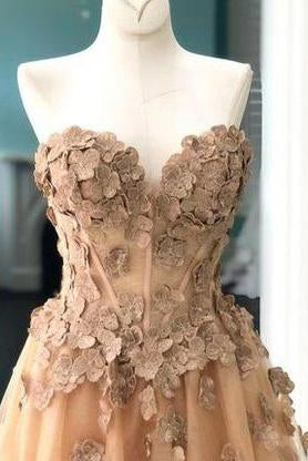 Elegant A-Line Sweetheart Appliqued Brown Prom Dress PFP1463 – Promfast