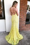 Spaghetti Straps Mermaid Yellow Lace Long Prom Dress with Slit PFP1466