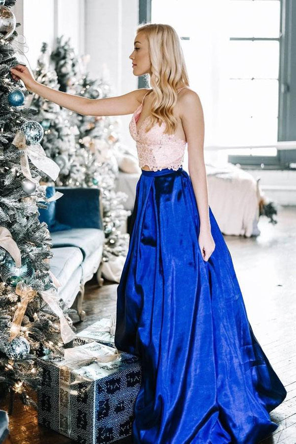 Two Piece Spaghetti Straps Floor-Length Royal Blue Prom Dress with Lace Bodice PFP1467