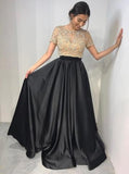 Two Piece Crew Short Sleeves Floor-Length Black Prom Dress with Beading PFP1470