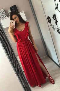 A-Line V-Neck Floor-Length Red Prom Dress with Split Ruffles PFP1475