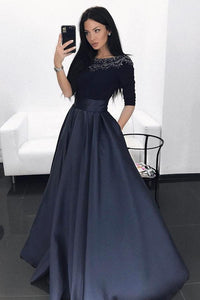A-Line Bateau Half Sleeves Dark Blue Prom Dress with Beading Pockets PFP1477