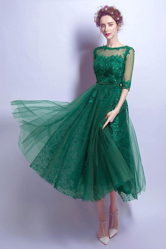 Dark Green Cheap Applique Lace Short Homecoming Dresses With Half Sleeves,Graduation Gowns