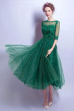 Dark Green Cheap Applique Lace Short Homecoming Dresses With Half Sleeves,Graduation Gowns