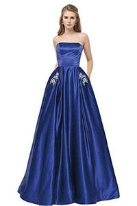 Royal Blue Strapless Long A Line Bridesmaid Dress with Pockets, Cheap Prom Dress with Beads PFP1479