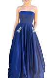 Royal Blue Strapless Long A Line Bridesmaid Dress with Pockets, Cheap Prom Dress with Beads PFP1479