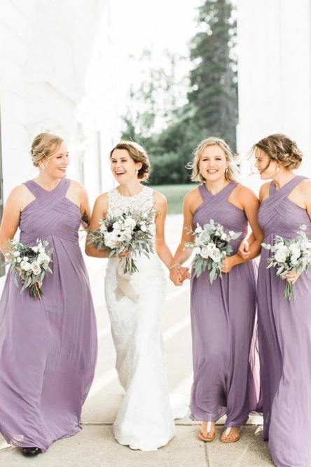 A-Line Floor-Length Lilac Chiffon Pleated Cheap Bridesmaid Dress PFB0155