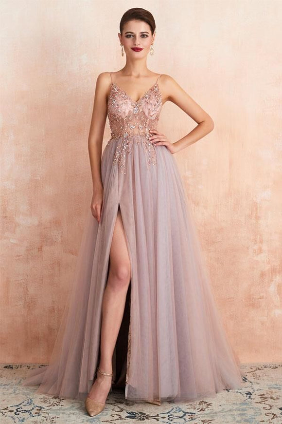 Promfast Straps A-Line Beading Rose Split Tulle Prom Dress with Crystal PFP1805