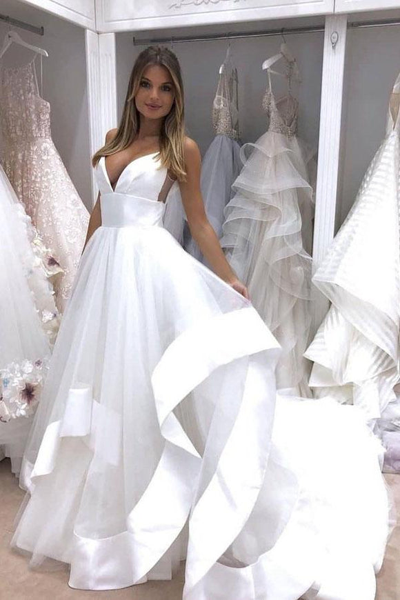 A-Line Spaghetti Straps Sweep Train Tulle White Wedding Dress Bridal Gown PFW0368
