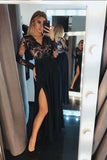A-Line V-Neck Long Sleeves Black Split Evening Prom Dress with Lace PFP0054