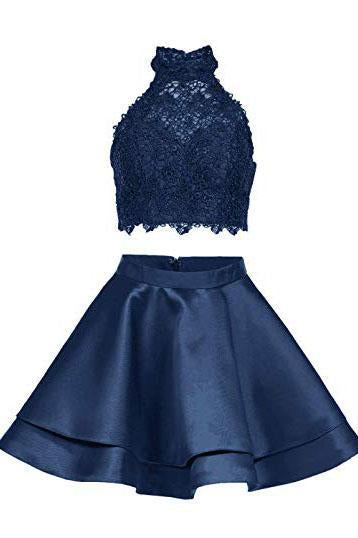 Two Piece Dark Blue Short Homecoming Dress with Lace, A Line Satin Graduation Dress PFH0187