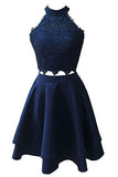 Two Piece Dark Blue Short Homecoming Dress with Lace, A Line Satin Graduation Dress PFH0187