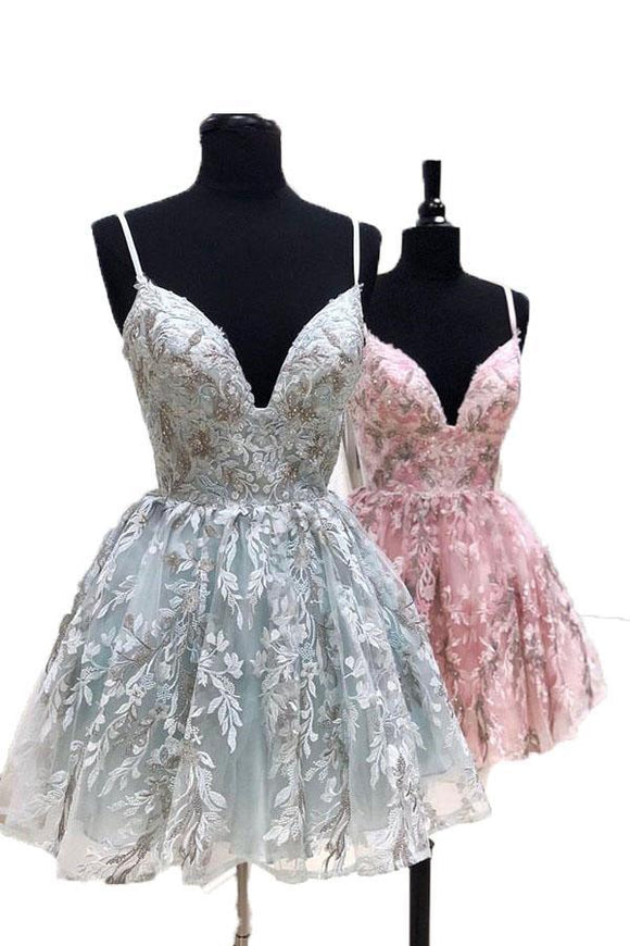 Spaghetti Straps Short Lace Appliques Homecoming Dresses, Cocktail Party Dress PFH0188