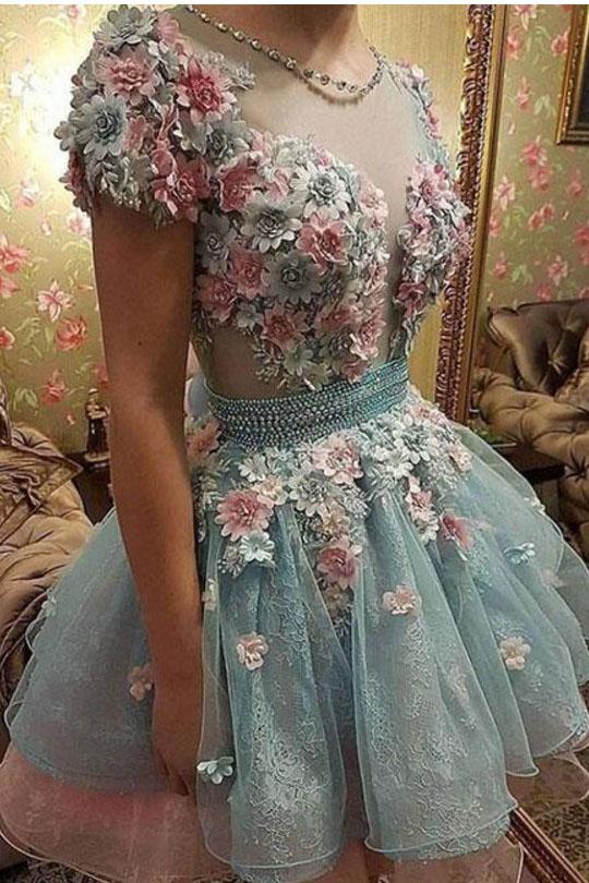 A Line Short Sleeves Homecoming Dresses, Princess Short Prom Dress With Flowers PFH0190