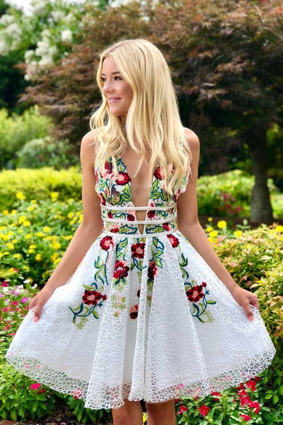 Charming A-line Lace Floral Appliques V Neck Short Homecoming Dress PF Promfast Charming A-line Lace Floral Appliques V Neck Short Homecoming Dress PF Promfast