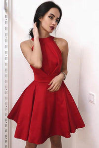 Jewel Satin Red Short Simple Homecoming Party Dress PFH0193
