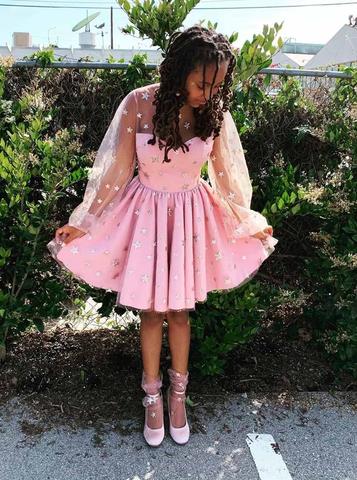 long sleeve tulle mini dress Pink Stars Long Sleeves Tulle Short Homecoming Dresses PFH0194 – Promfast